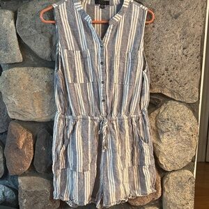 Striped Sleeveless Kelly Renee Boho linen blue & White Button-Up X-Large‎ Romper
